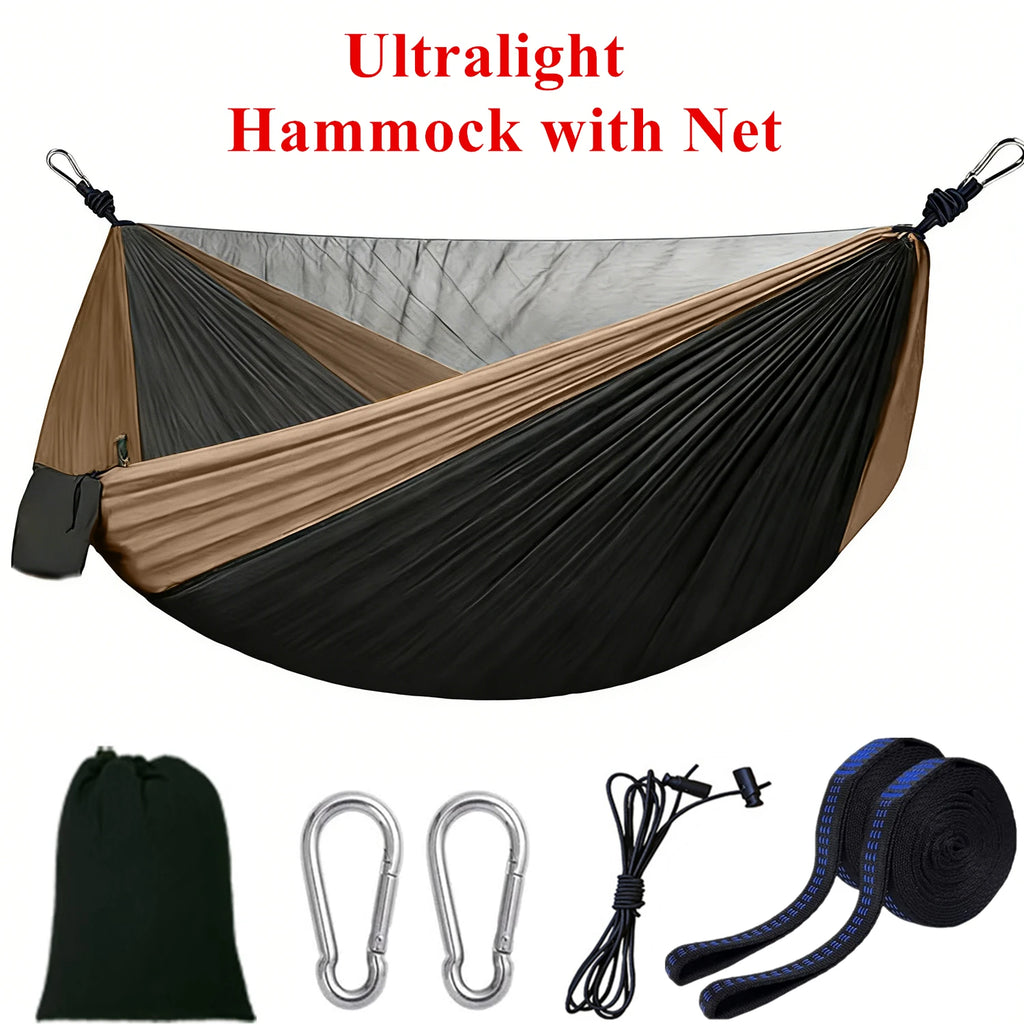 Camping hammock with mosquito net, portable outdoor hammock with mosquito net, equipped with 2 straps and hooks, suitable for travel, backyard, beach, and other outdoor activities
